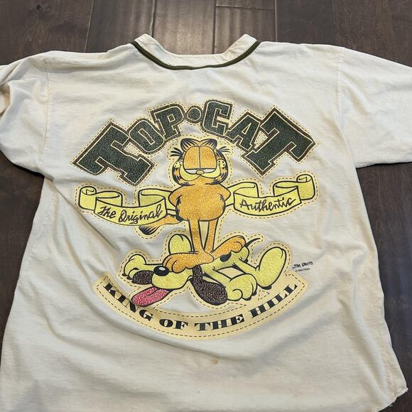 Vintage Garfield Shirt Large Beige Baseball Jersey Button Front Graphic 90s READ - Picture 1 of 16